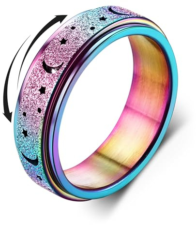 Diamday Stressringar, för stress- och ångestlättnad, stressband, ring för kvinnor och män i rostfritt stål, anti-stress-ringar med måne och stjärna, sandblästrad finish