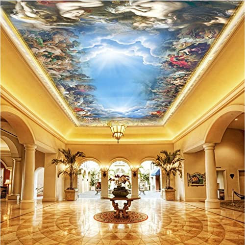 GIOBEL Plafond 3d papier peint bleu ciel ange figure huile peinture salon chambre toit décoration muraliste installé autocollants d’art mural