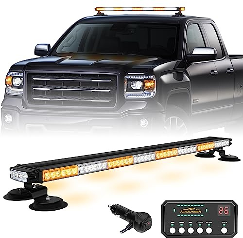 XRIDONSEN 37 104 LED Roof Top Strobe Light Bar Amber White Emergency Traffic Advisor Lights Double Side Warning Safety Flashing w/Magnetic Mount for Construction Vehicles Plow Trucks Pickup Wrecker