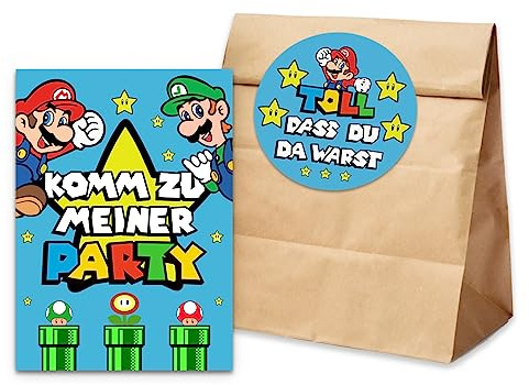 Nastami 10 x Einladungskarten Kindergeburtstag + 10 Tüten inkl. Sticker Mitgebsel Kindergeburtstag (Level geschafft MARIO)