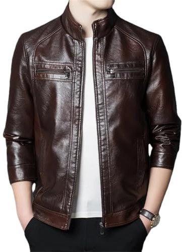 Hdhdeueh Herren Motorrad Lederjacke Slim Pu Leder Warme Schwarz Nieten Lederjacke, braun, L