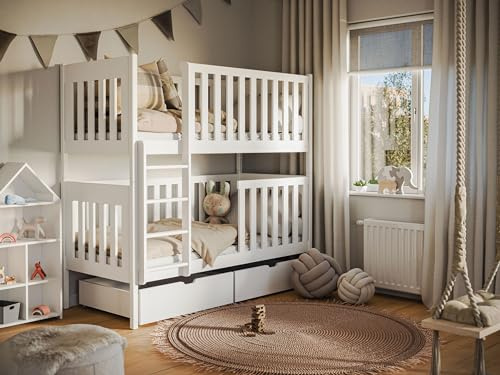 Muebles Slavic Dino Kinderbett 90x200 cm, Kinderetagenbett, Kinderbett, Absturzsicherung, Bett mit Leiter, Kieferholz, Farbe weiß (Ohne Matratze)