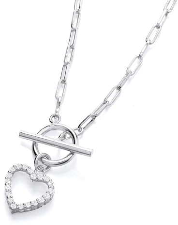 Old English Jewellers 925 Sterling Silver Paperclip Chain Necklace T BAR Fastening With CZ set Heart Tag Charm - 18 inch Length