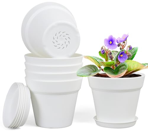 Homeuouz 6 Packs Blumentopf mit Untersetzer, 12.5cm Pflanzentopf, Plastik Übertopf mit Mehrere Ablauflöchern, Hydrokultur Topf, Blumentöpfe Set Ideal für Innen und Balkongärten,Weiß