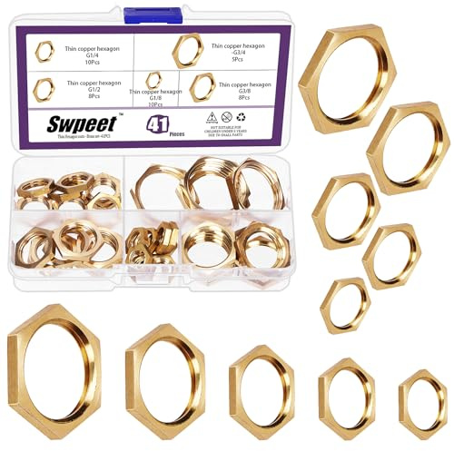 Swpeet 41Pcs 5 Sizes G1/8 G3/8 G1/2 G3/4 Thin Hex Lock Nut Assortment Kit, Hex Locknuts for Pipe Fitting and Plumbing
