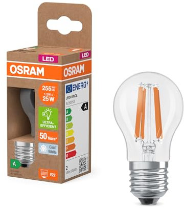 OSRAM en forme de mini bouclassique, avec filament LED décoratif, classe d'efficacité énergétique A, E27, 1,2 W, 255 lm, 4000 K, blanc froid. Sans échauffement, 100% d'éclairage immédiat.