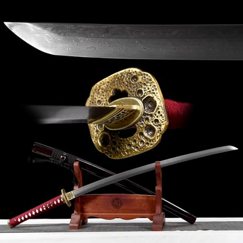 KWXPW 103cm Japanisches Katana,Musterstahl Steel mit handgebranntem Kreismuster,reinem Kupfer Tsuba,Holzscheide,Handgefertigt real Samurai-Schwert für Kendo,Iaido-Übungen,Sammlung,Geschenke,Cosplay