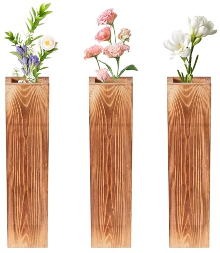 Abiemuce Pack de 3 Jarrones de Pared de Madera, Maceteros para Plantas Verdes y Flores Secas, Decoración del Hogar en Interiores (Nogal)