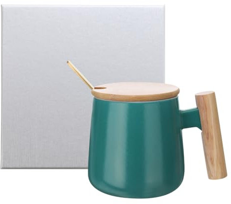 HARFINGTON Keramik-Kaffeetassen-Set, 364 ml, einfacher Holzgriff, große Teetasse, handgefertigte Keramiktassen, Geschenkbox mit Deckel und Löffel, für Büro, Küche, Zuhause und Geschenke für Frauen und