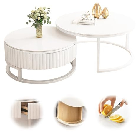 50+70cm Couchtisch Weiß Rund 2er Set Runder Couchtisch Mit Stauraum Wohnzimmertisch Geräuschloser Schieber Marmor Couchtisch Stabilem Metallgestell Nested Beistelltisch Satztische Fürs Wohnzimmer