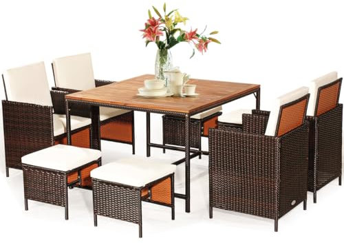 COSTWAY 9 TLG. Polyrattan Set Rattanmöbel, Garten Esssitzgruppe mit Tisch, klappbarem Sessel & Ottomane, Gartenmöbel platzsparend, Sitzgruppe mit Kissen, Essgruppe Rattan für bis zu 8 Personen, Beige
