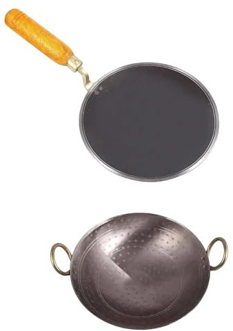 Seven Chakra Tree Traditional 2pes Iron cookware Combo deep Kadai Frying Cooking Kadhai Heavy Base with Handle Multipurpose use 8 inch 1.5 Liter Iron Tawa Roti 9 inch iron tawa For COOKING