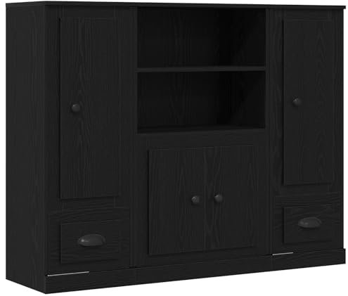 vidaXL Highboard - Black Oak Sideboard/Buffet/Cupboard - 3 Doors, 2 Drawers, 132x35.5x103.5 cm - Engineered Wood, Matte Finish for Dining & Living Room