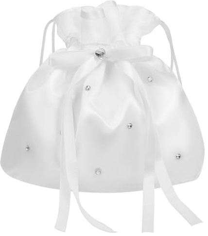 Homoyoyo White Communion Bag for Girls, Bridesmaid Bridal Dolly Pouch, Small Drawstring Flower Girl Handbag with Floral Embellishments for Wedding Day, Money Dance, Prom Party