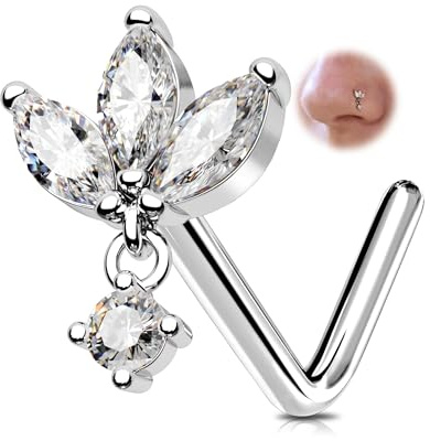 OUFER 20G Titanio G23 Piercing al Naso, 7 mm Anello a Forma di L, Penzolare Narice di Loto Gioielli Marquise Cubic Diamond Gioielli per il Corpo Sottili per Donna