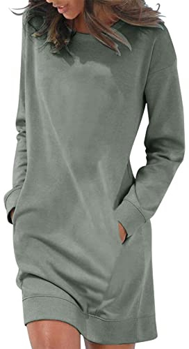 Generisch Winterkleid Damen Lang Elegant Langarm Warm Midi Pulloverkleid Winter Pullikleid Knielang Casual Tunika Kleid Herbst Festlich Crewneck Sweatkleid Elegant Freizeitkleid Sweat Grau L