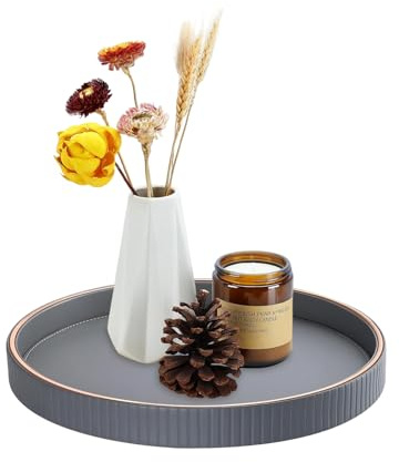 Vassoio da portata - Ø 30x3 cm in pelle, vassoio rotondo decorativo, grande vassoio decorativo, porta candele, vassoio per scrivania, per cucina, soggiorno, camera da letto - Grigio chiaro