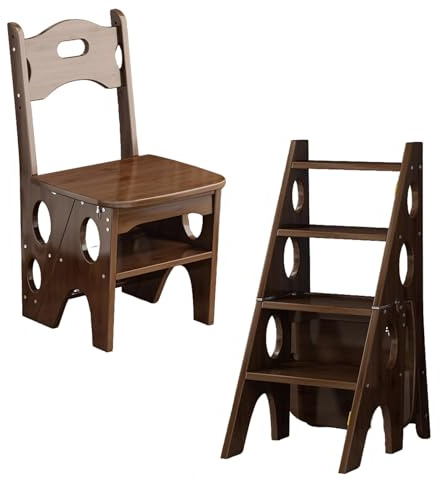 OZBMA Folding Step Stool for Adults, 4-Step Library Chair Ladder, 3-in-1 Multifunction Kitchen, with Handle Home Dining Portable, Wooden(Brown) (Brown)