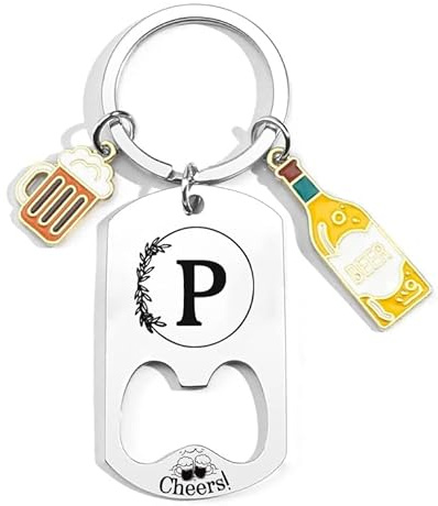 QTZXZX Porte-clés Lettre Initiale Prénom Pour Homme Femme Décapsuleur Porte-clés Personnalisé A-Z, Cadeau lettre initiale Idée Cadeau Anniversaire, Porte Clef Maison Lettres Alphabet, Noël (P)