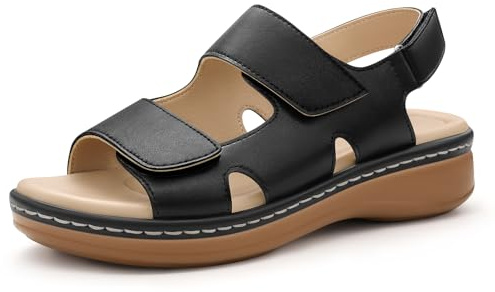 PIZZ ANNU Clara Women's Orthopedic Sandals Wedge Walking with Arch Support, Comfortable Chunky Lightweight Hook & Loop Summer Shoes for Everyday Wear Black Size 5