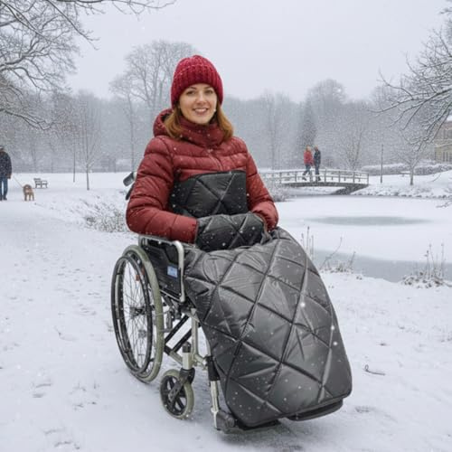 Upvera Manta Silla de Ruedas Impermeable de Invierno 120 x 125 cm, Manta cálida para Adultos con Forro Polar Tipo Borreguito, Correas de sujeción en Las piernas y Bolsillo calientamanos, Negra