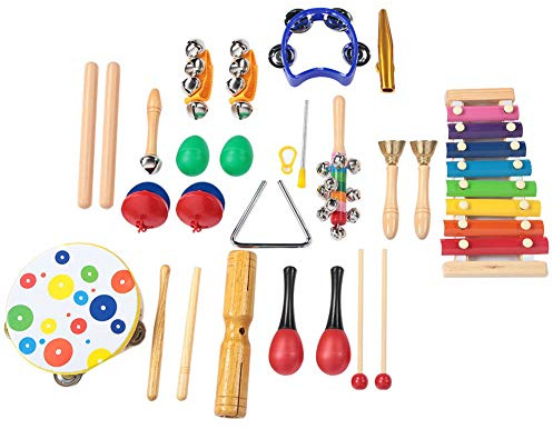 Generic Set di Strumenti Musicali per Bambini, Set di Strumenti da 18 Pezzi, Dal Design Sicuro con Suoni Morbidi e Nitidi con Custodia, Include Kazoo, Nacchere, Martelli di Sabbia, Ideale per i più
