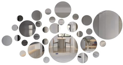 Oirquent 30PCS Acrylic Mirror Stickers for Wall Decor, Self-Adhesive Round Mirror Tiles for Home, Office, Bedroom, TV Background & Gym, 4 Sizes (15cm/8cm/6cm/3cm)