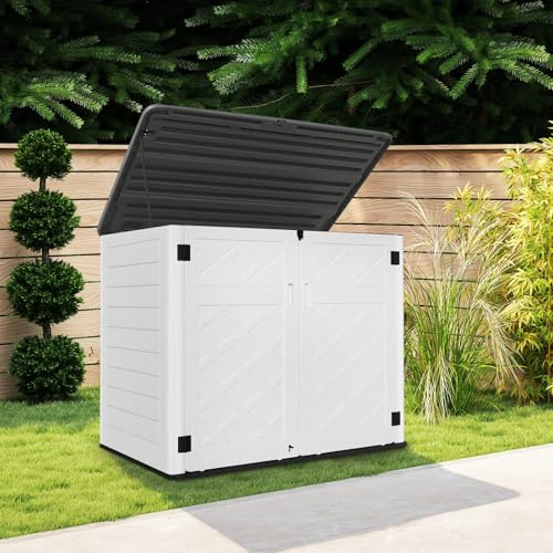 IP67 Outdoor Storage Shed Weather Resistance, Horizontal Storage Shed with Lockable Doors, Plastic Storage Cabinet for Bike, Garden Tools, Trash Can, 48 Cu.ft, White