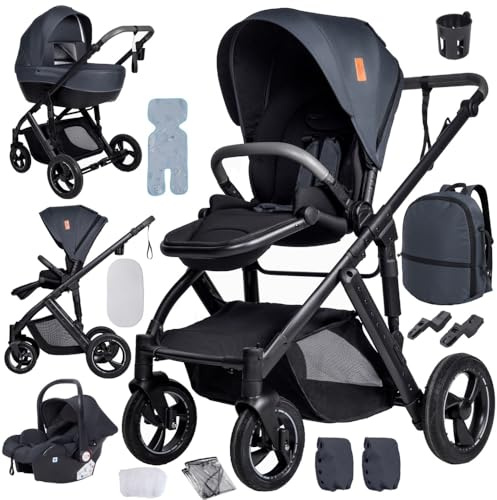 Cochecito 4 en 1,silla de paseo con acolchado grueso para un sueño más cálido,carrito de viaje con manillar ajustable en altura,chasis de aluminio(Gris)