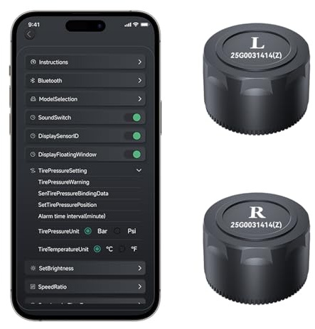 HUAJUN Sistema di controllo della pressione dei pneumatici con app, TPMS per moto con 2 sensori esterni, rilevatore di pressione e temperatura dei pneumatici senza fili, 0,1-7BAR/10-100PSI, supporta