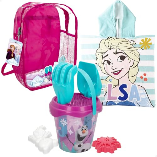 ColorBaby Frozen Set de Playa Infantil, Cubo de Playa con Pala y rastrillo, Poncho Infantil Frozen, Juguete de Playa, A Partir de 18 Meses (77885)