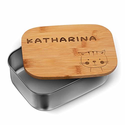 Metall Brotdose mit Namen & Katze für Schulkind Kindergartenkind - nachhaltige Brotbox Mädchen Jungen - Lunch Box Kindergarten Kita Schule - Personalisierte Snackbox aus Edelstahl mit Holzdeckel