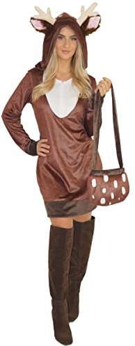 MAYLYNN Damen Reh Rentier Kostüm, 2-teilig: Kleid und Handtasche, Winter Weihnachtskostüm