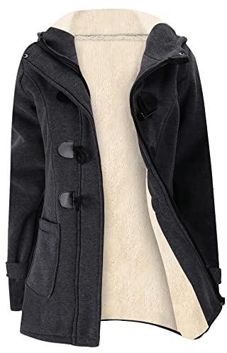 Gihuo Damen Sherpa Gefütterte Jacke Duffle Toggle Coat Fleece Kapuze Winter Warm Jacke Sweatshirt, Dunkelgrau, S