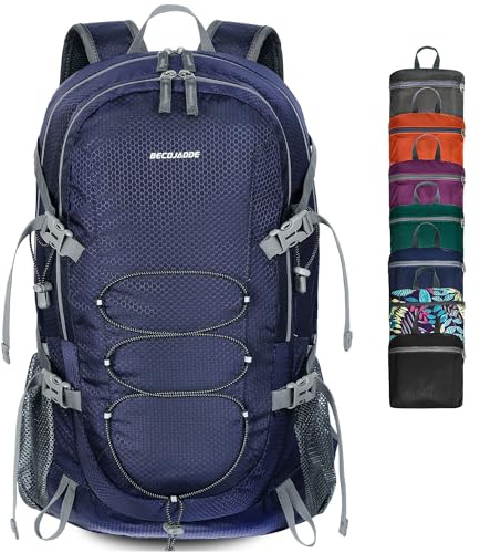 BECOJADDE Wanderrucksack Herren Damen 40L Ultraleichter Faltbarer Rucksack Wasserdichter Reiserucksack Trekkingrucksack mit Nassfach für Wandern, Reisen, Radfahren und Klettern, Marineblau