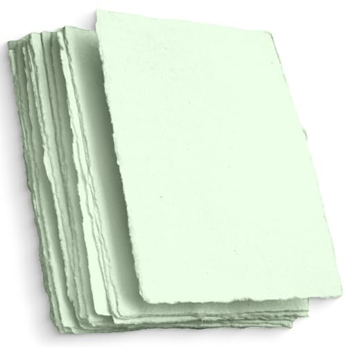 Wanderings Carta Verde Realizzata a Mano Bordo a Ponte - Confezione da 50 Fogli -Carta per Acquerelli/Tecnica Mista - RSVP, Inviti, Biglietti, Arti e Mestieri Fai-da-te- Spessore 150 GSM -10,5x15 cm