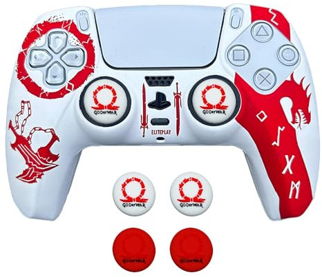 ElitePlay Silikon-Schutzhülle für PS5-Controller, Motiv God of War, rutschfeste Silikon-Schutzhülle für PS5-Controller, mit Daumengriff-Set, Weiß und Rot
