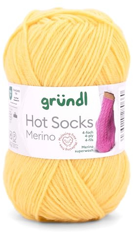 Gründl Hot Socks Merino, Sockenwolle mit Merinowolle, Strumpfwolle 4-fädig 50g / 200m, Sockengarn 4fädig uni einfarbig (06 narzisse)