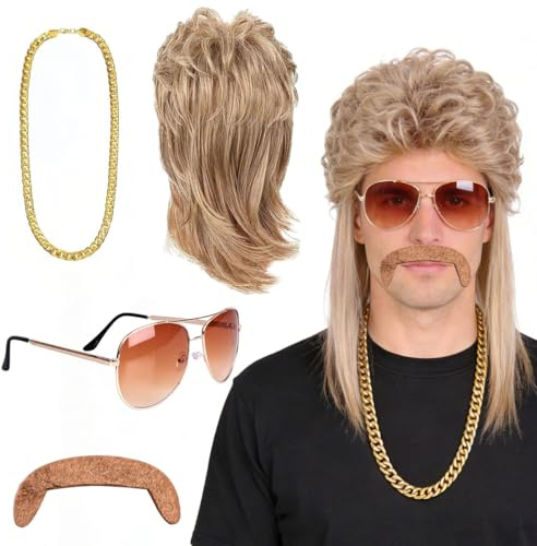 Vokuhila Perücke Herren, 4 Stück Männer vokuhila perücke Set, 80er 90er Jahre Outfit Accessoires Herren, Blond Perücken, Sonnenbrille, Halskette, Bart für Fasching Cosplay Halloween Kostüm Feste