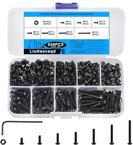 520 Pcs M3 Vis Boulons et écrous Set, Boulons à Tête Ronde, Vis à Tete Cylindrique avec écrous, Noire