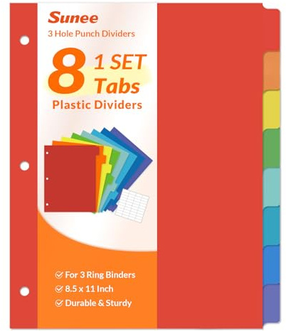 SUNEE 8 Tab Binder Dividers,Plastic Dividers for 3 Ring Binder,3 Ring Binder Dividers with Tabs for School Office Home Supplies,Bright Color, 1 Set