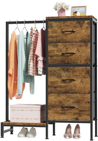 OYRREU Cómoda para Dormitorio con 4 Cajones De Tela Y Barra Colgante | Cajonera Estrecha Multifunción De 111 Cm | Mueble para Salón, Habitación Infantil O Pasillo | Madera Rústica Marrón