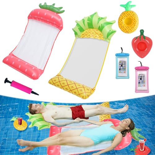 Matelas gonflable pour piscine - Accessoires amusants - 2 matelas gonflables avec 2 porte-gobelets gonflables, 2 sacs étanches, 1 tuyau gonflable 4 en 1 - Hamac avec filet pour adultes et enfants