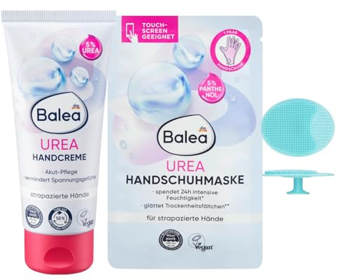 Balea Lot de 2 crèmes pour les mains à l'urée 100 ml + masque gants urée (1 paire) + éponge en silicone bonus