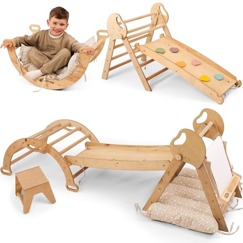 Goodevas 5-in-1 Klettergerüst Indoor aus Holz mit Rutsche – Kletterdreieck Montessori für Kinder ab 1 Jahr, Indoor Spielplatz Baby Kletterset, Indoor Kletterspielzeug Dreieck & Kunst hinzufügen