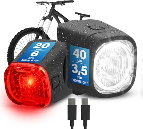 FISCHER Fahrrad Beleuchtung-Set Square, 90 Lumen, 40/20 Lux, Front- und Rückleuchte, Fahrradlicht mit USB-Ladefunktion, Spritzwasserschutz nach IP44, StVZO-zugelassen