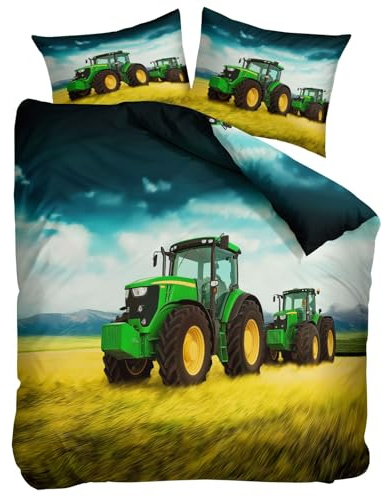 Generisch Kinder Bettwäsche Set 155x220 cm Bauernhausstil Traktor Gelb Wendebettwäsche Polyester Baumwolle Bettbezug Set für Jungen Mädchen, Betten Set 1 Bettbezug und 2 Kissenbezüge