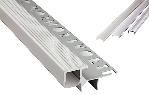 T-40 LED Alu Fliesenprofil Treppenprofil Stufen 12mm silber + Abdeckung Abschlussleiste Fliesen für LED-Streifen-Strip 2m milky