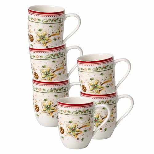Villeroy & Boch Winter Bakery Delight Kaffeebecher Sternschnuppe 6er Set, 370 ml, Becher mit Henkel und Weihnachtsmotiven, Premium Porzellan, Weiß/Rot/Beige