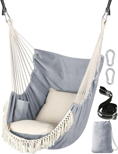 Chihee Silla hamaca colgante con 2 cojines de asiento incluidos, correas de cincha fuertes y ganchos para colgar fácilmente, silla colgante de tejido de algodón suave, bolsillo lateral, juego de silla
